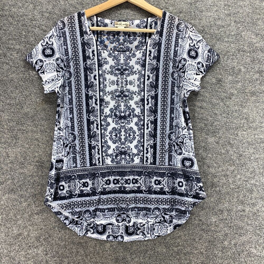 5/$45 World Unity Blouse Women S Small White Striped Short Sleeve Round Neck